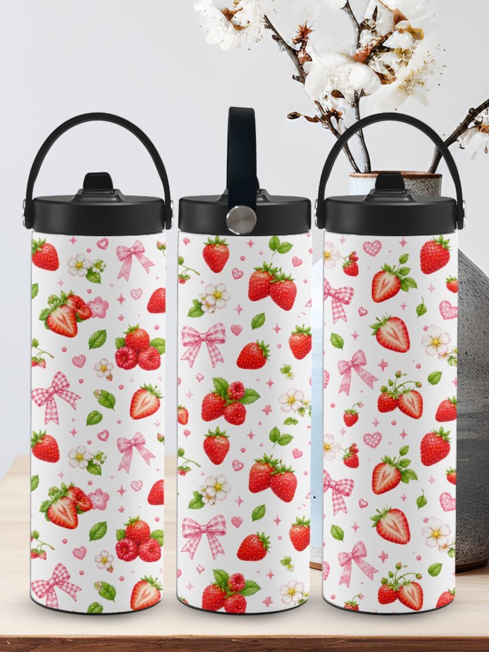 Cute Strawberries and Bows Tumbler with Portable Handle Lid
